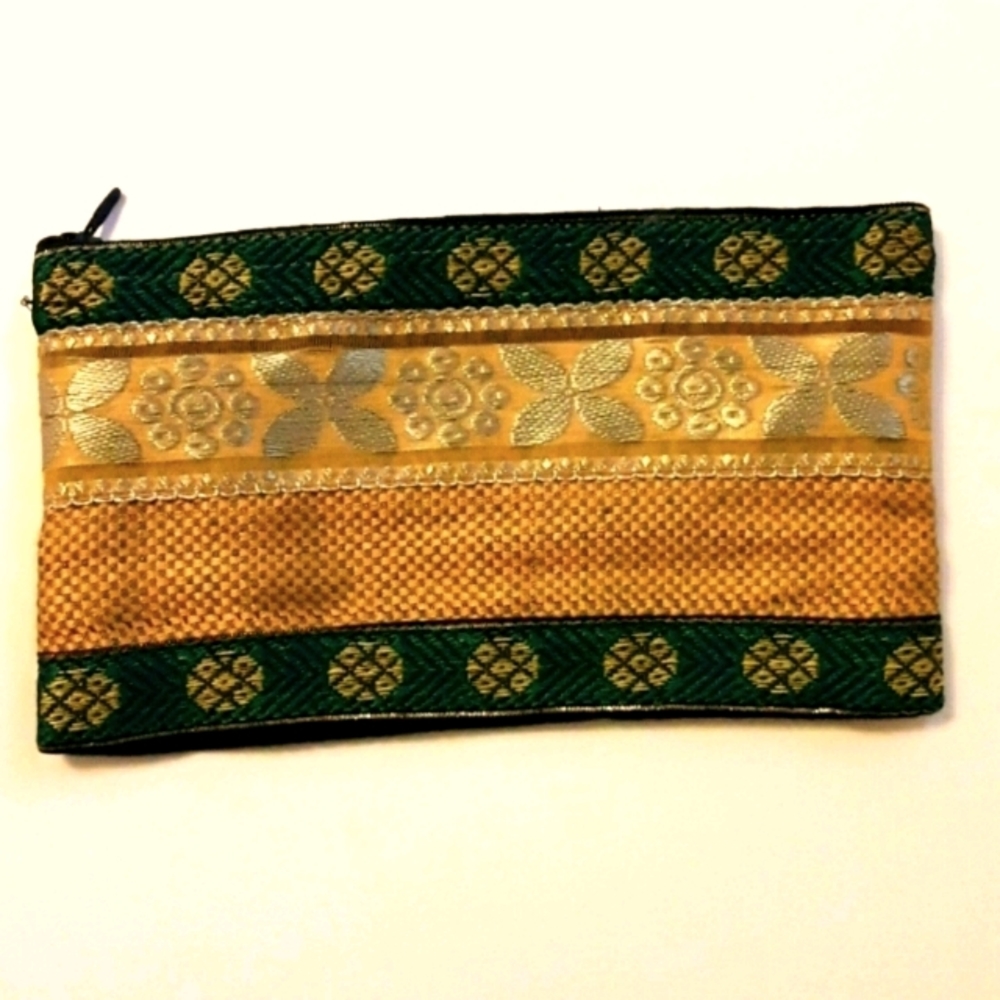 YELLOW AND GREEN SILK COSMETIC/ MULTIPURPOSE BAG